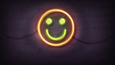 Neon Smiley Smiley aus Neonlicht-Röhren in Grün und Orange