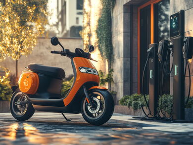 ein stylischer Elektroroller, der in einer städtischen Umgebung geparkt ist