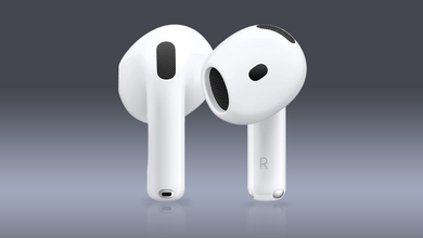 Die Apple AirPods 4 Kopfhörer auf dunklem Hintergrund