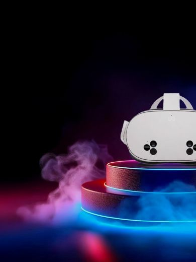 Meta Quest 3S auf einem Podest mit blauem Rauch