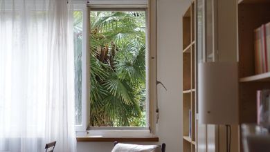 Ein offenes Fenster in einem Wohnzimmer.