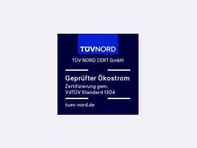Prüfsiegel des TÜV Nord für geprüften Ökostrom