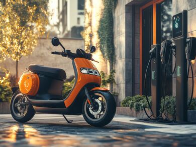 ein stylischer Elektroroller, der in einer städtischen Umgebung geparkt ist