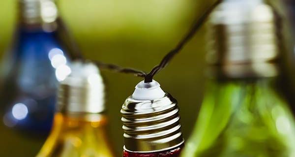 Eine Lichterkette mit blauen, gelben, roten und grünen Glühbirnen hängt vor einem grünen Hintergrund.