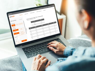 Frau blickt auf einen Laptopbildschirm auf dem die Webseite der Strombörse EPEX aufgerufen ist. Daten sind darauf nicht zu erkennen